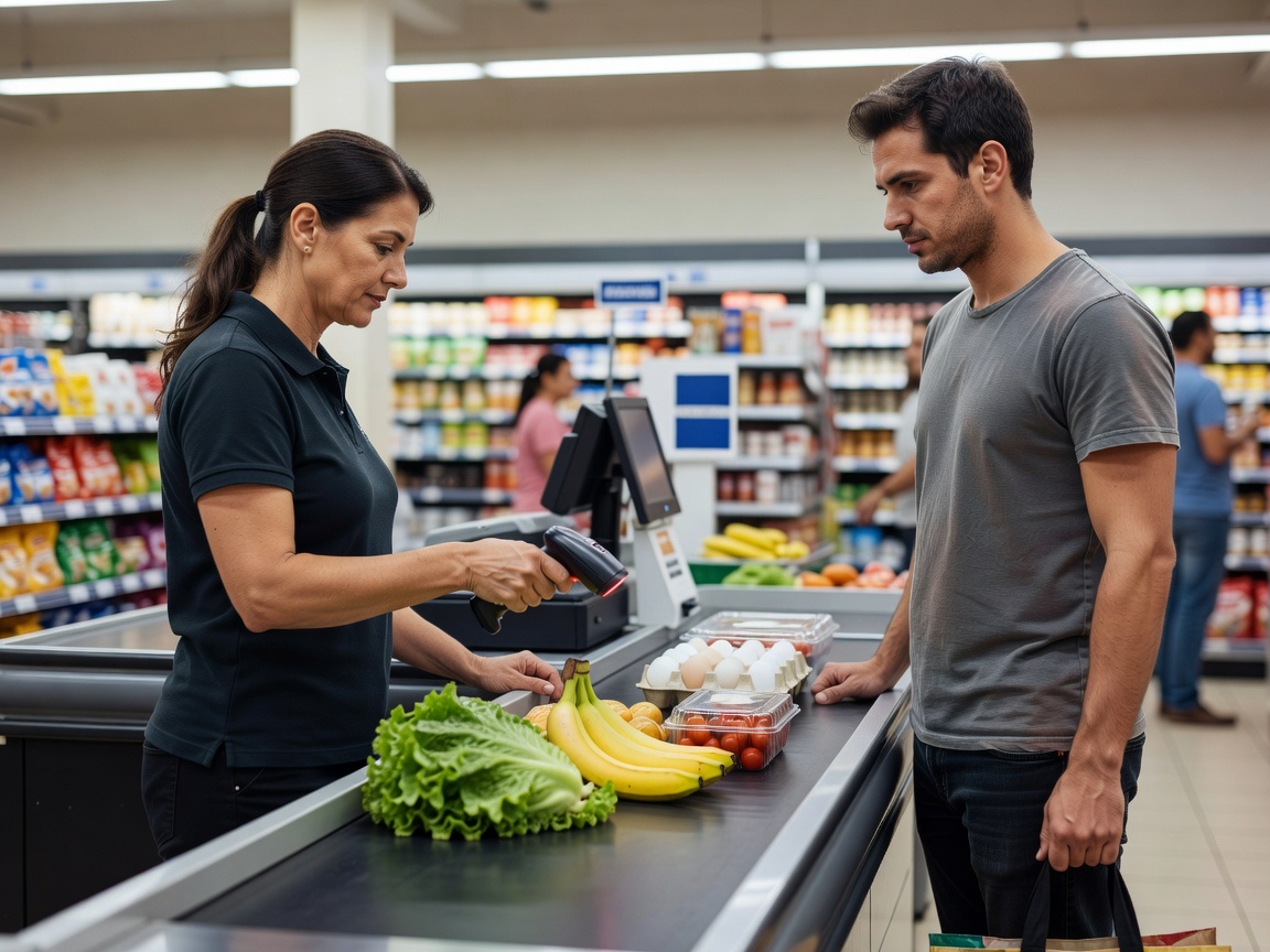 Cashier serving a customer at a grocery checkout