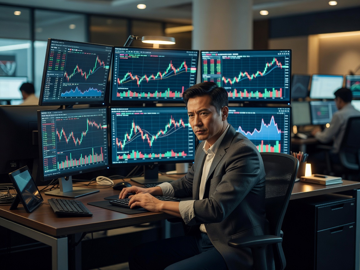 Markets editor working at a desk with financial screens