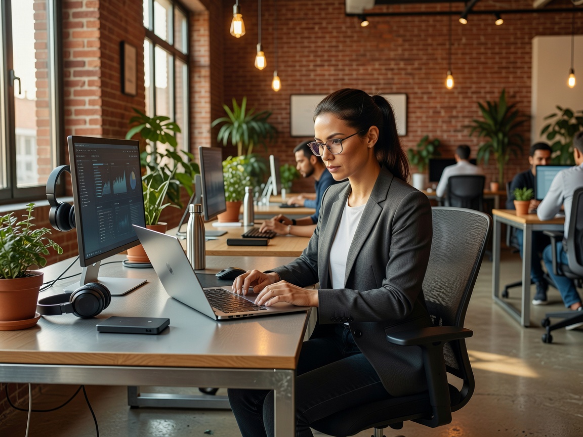 Tech editor reviewing a filing on a laptop in a co-working space