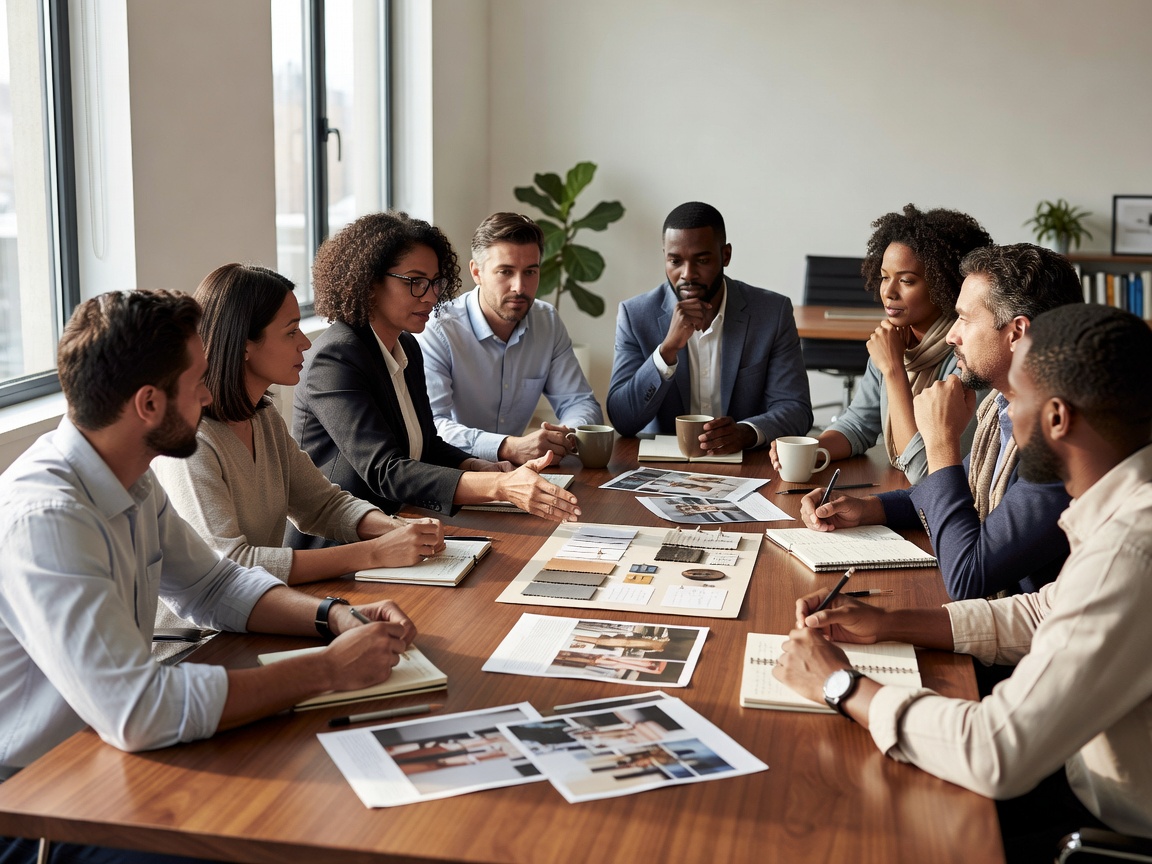 Editorial team holding a morning meeting around a table