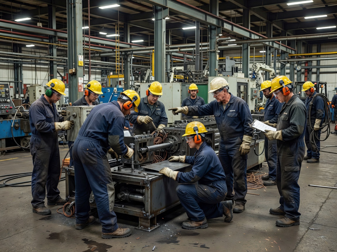 Factory crew in safety gear working together on a plant floor