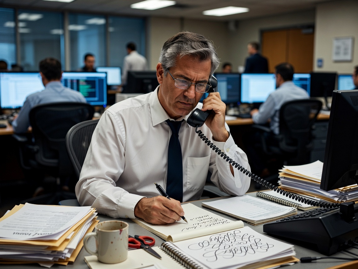 Editor taking notes on the phone at a newsroom desk