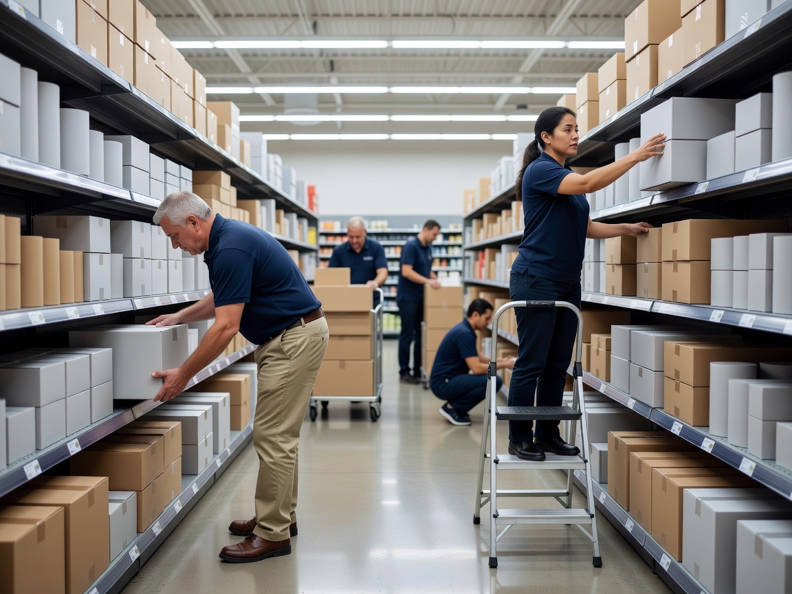 Shop floor staff restocking shelves in a bright grocery store