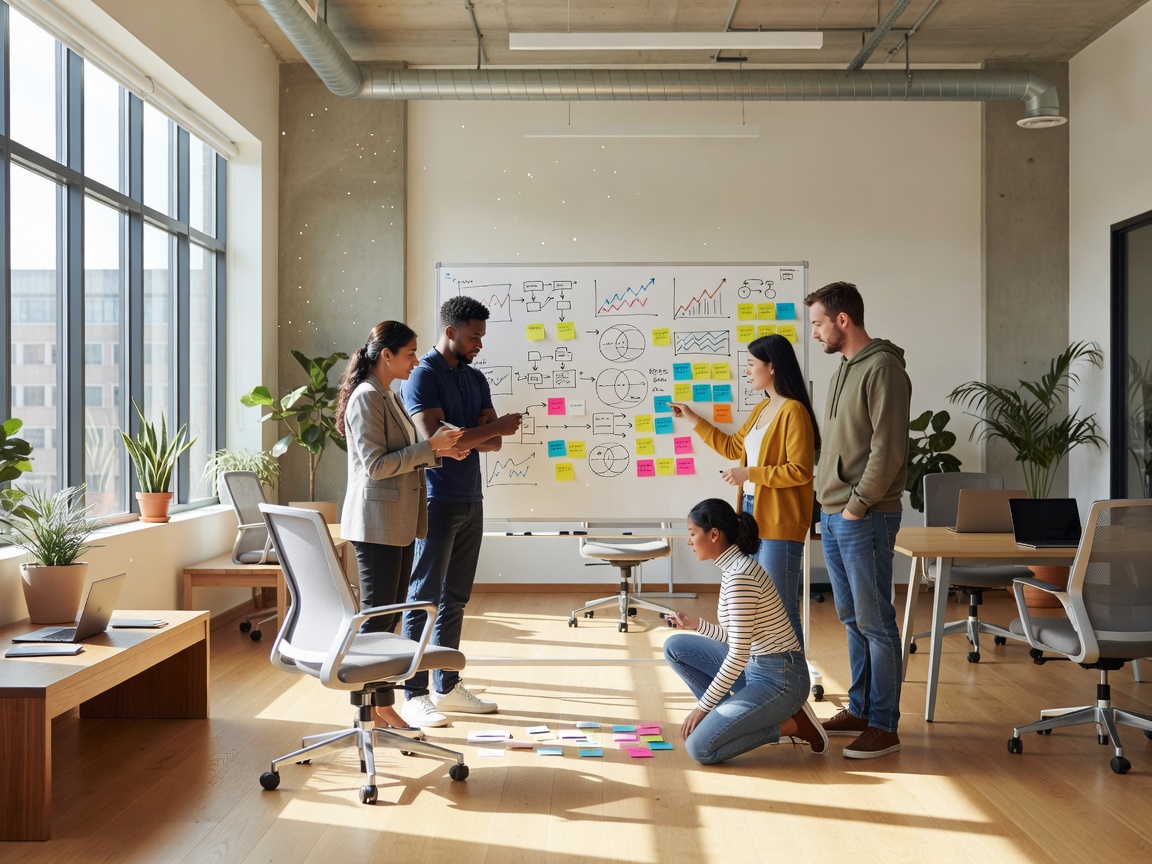 Startup team planning at a whiteboard in a sunlit office