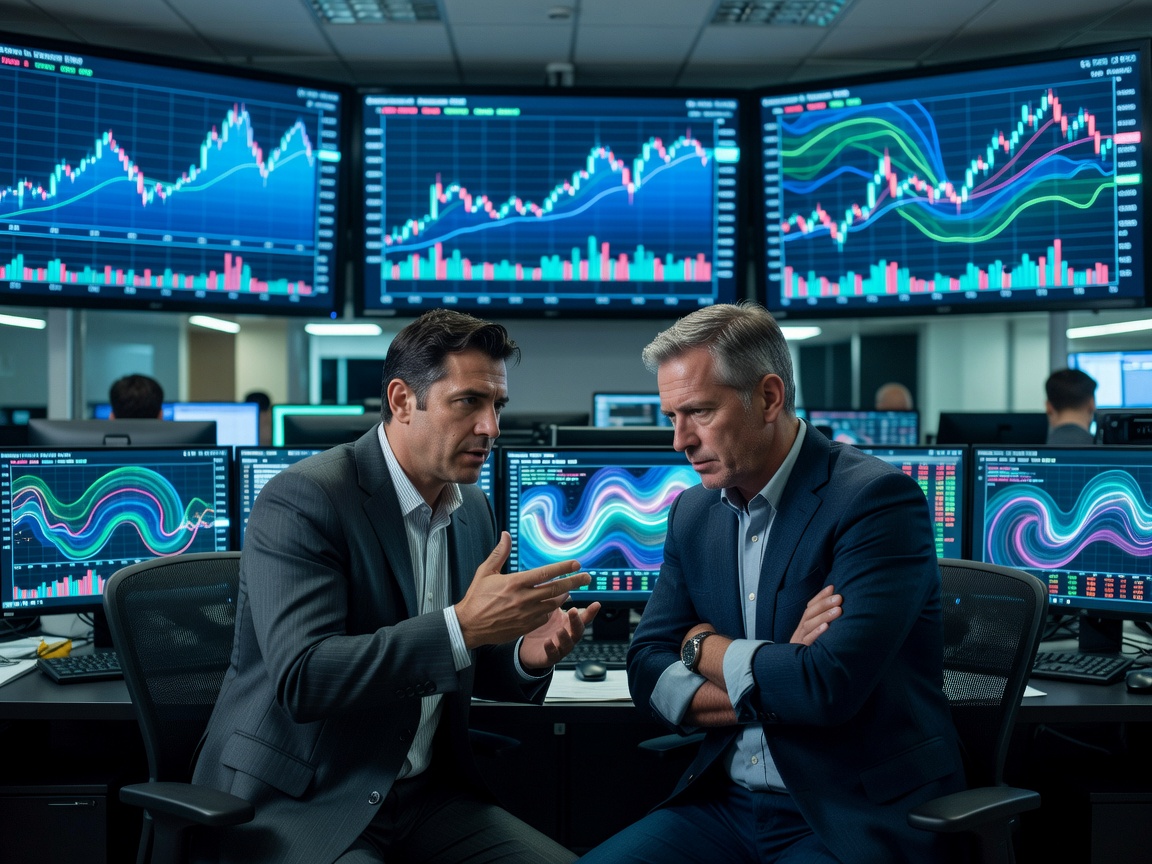 Two traders discussing index movements in front of monitors