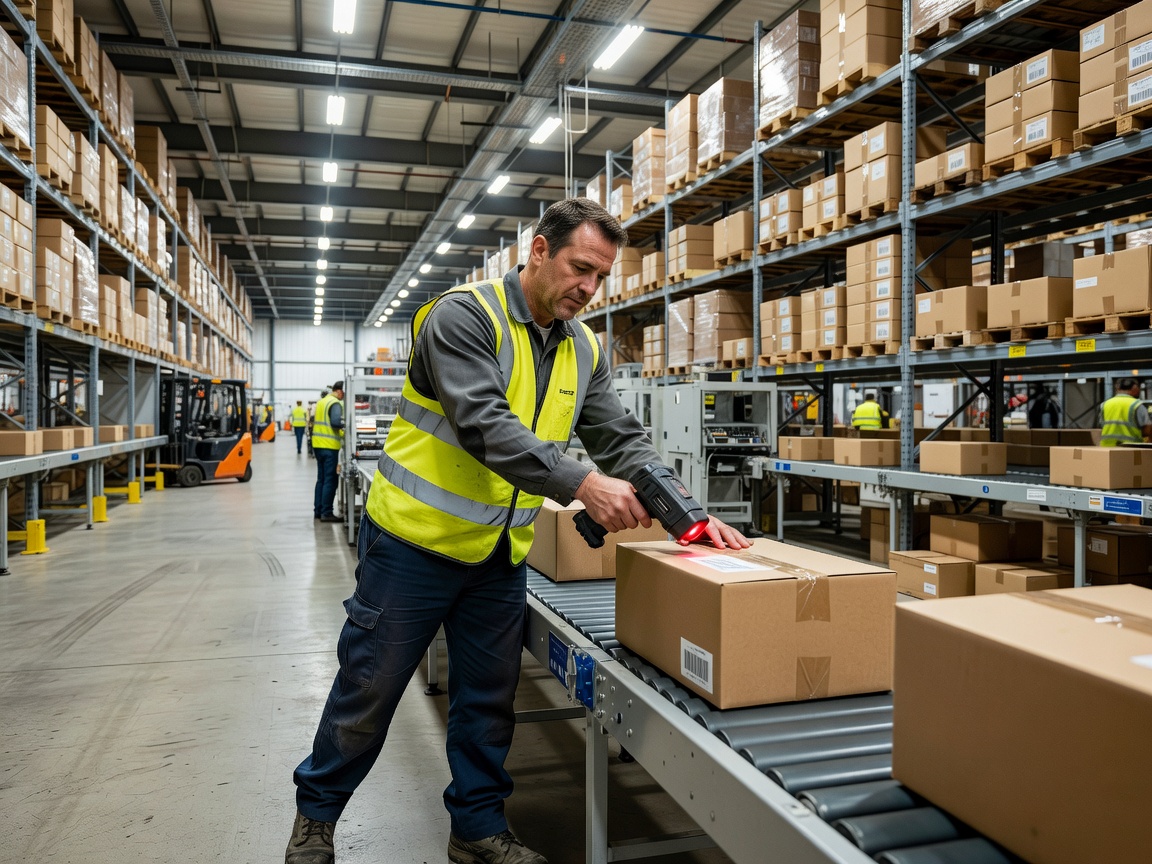 Warehouse worker scanning parcels in a logistics centre